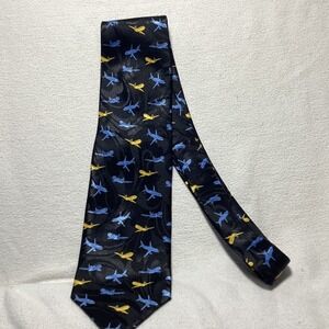 Montebello Milano Italy Hand Made Airplane Aircraft Paisley Silk Tie Black Blue
